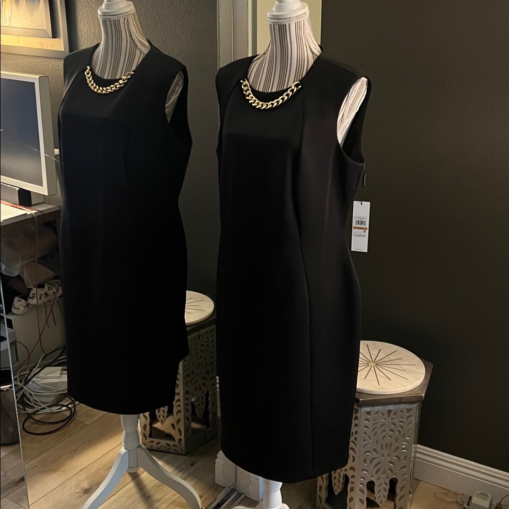 NWT. Calvin Klein, 16W, LBD, Black Dress w/ Gold Chain Detail, retail $100